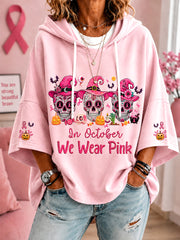 Women's In October We Wear Pink Halloween Pink Skulls Print Breast Cancer Awareness Support Short-Sleeve Hoodie