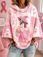 Women's In October We Wear Pink Halloween Pink Witch And Ghost Print Breast Cancer Awareness Support Short-Sleeve Hoodie