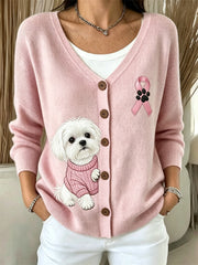 Women's Peeking Maltese Dog Pink Ribbon Breast Cancer Awareness Cozy Cardigan