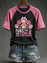 Women's breast cancer theme Paws For The Cure slogan cute dog print casual short-sleeve T-shirt