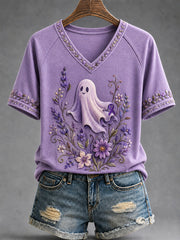 Women's Purple Ribbon Floral & Cute Ghost Print Alzheimer's Awareness Support V-Neck Tee