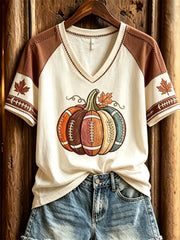 Women's Football Inspired Fall Pumpkin Print short-sleeved T-shirt
