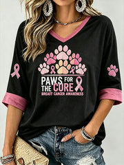 Women's Breast Cancer Themed Cute Dog Paw Pattern Print Mid-length Sleeves V-Neck T-Shirt