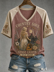 Women's Nashville Born for the Stage Embroidered Print Casual V-Neck Tee