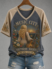 Women's Nashville Born for the Stage Embroidered Print Casual V-Neck Tee