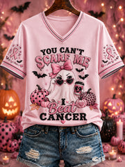 Women's “YOU CAN'T SCARE ME I Beat CANCER” Printed V-neck T-shirt