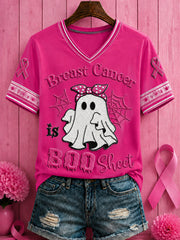 Women's Halloween Breast Cancer Pink Flowers Printed V-neck T-shirt