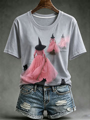 Women's Halloween Witch Black Cat Sshort-sleeved T-shirt