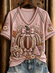 Women's Football Inspired Pink Pumpkin Floral Print short-sleeved T-shirt