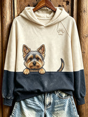 Women's Peeking Yorkshire Terrier & Paw Print Contrast Color Cozy Sweatshirt
