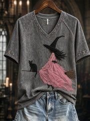 Women's Witch with Pink Dress & Black Cat Print short-sleeved T-shirt