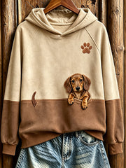 Women's Peeking Dachshund & Paw Print Contrast Color Cozy Sweatshirt