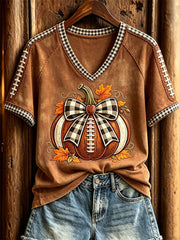 Women's Football Inspired Fall Pumpkin Print short-sleeved T-shirt