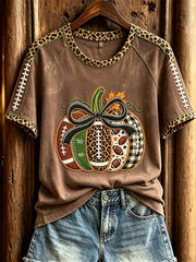 Women's Football Inspired Fall Pumpkin Leopard Print short sleeve T-shirt