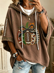 Women's Football Inspired Fall Pumpkin Leopard Print Mid Sleeve Oversize Hoodie