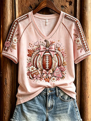 Women's Football Inspired Breast Cancer Pink Pumpkin Floral Print short-sleeved T-shirt