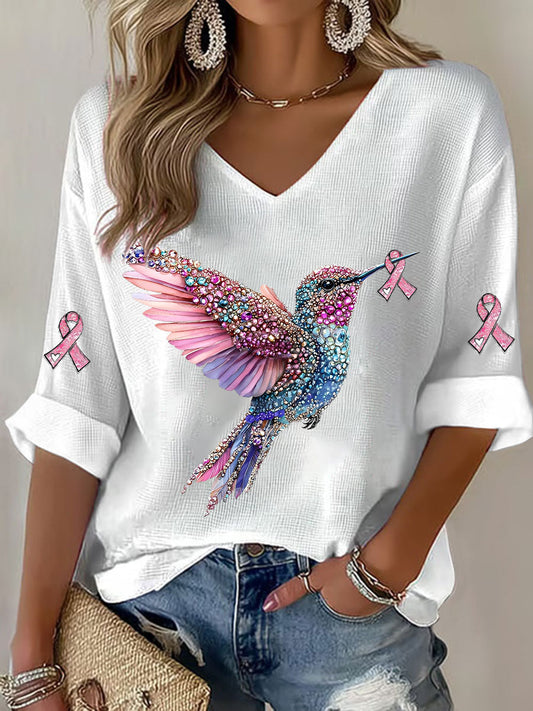 Women's Breast Cancer Hummingbird Print Casual T-shirt