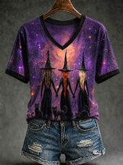 Women's Halloween Witch Black Cat Art Short Sleeve T-shirt