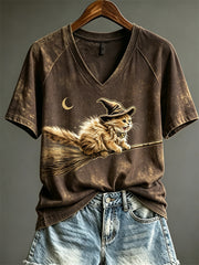 Women's Halloween Flying Witch Cat Print short-sleeved T-shirt