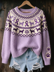 Women's Vintage Purple Ribbon & Dog Isle Pattern Print Cozy Sweater