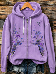 Women's Purple Floral Art Print Casual Zip-Up Hoodie
