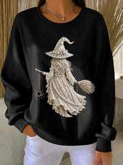 Women's Halloween Witch Ribbed Round-Neck Sweatshirt