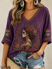 Women's Mexico Day of The Dead Art Print Casual V-Neck Top