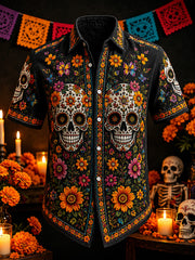 Men's skull and marigold print casual short-sleeve shirt