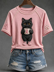 Women's Black Cat & Pink Ribbon Print Short Sleeve T-shirt