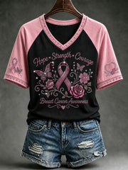 Women's Pink Ribbon Rose Butterfly Glitter Print Short-sleeved T-shirt