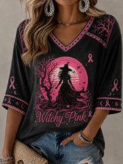 Women's Witchy Pink Witch Print Mid-length Sleeves V-Neck T-Shirt