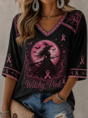 Women's Witchy Pink Witch Print Mid-length Sleeves V-Neck T-Shirt