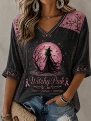 Women's Witchy Pink Witch Print Mid-length Sleeves V-Neck T-Shirt