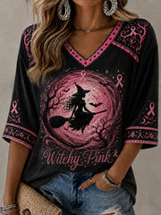 Women's Witchy Pink Witch Print Mid-length Sleeves V-Neck T-Shirt