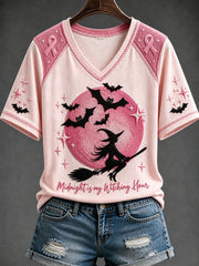 Women's Pink Ribbon Witch Print V-neck Short-sleeved T-shirt