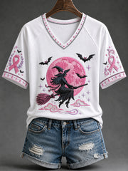 Women's Pink Ribbon Witch Print V-neck Short-sleeved T-shirt