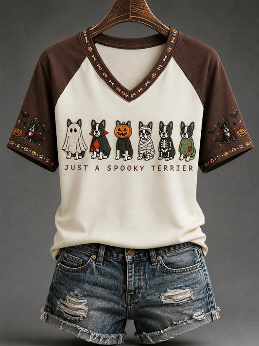 Women's Spooky Season Funny Dogs Print Casual V-Neck Tee
