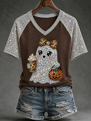 Women's Spooky Season Cute Ghost Print Casual V-Neck Tee