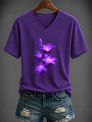 Women's Purple Flora Art Printed V-neck T-shirt