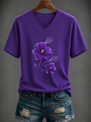 Women's Purple Flora Art Printed V-neck T-shirt