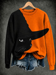 Women's Halloween Black Cat Art Print Regular Sweatshirt