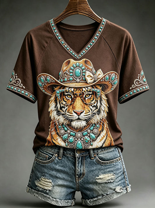 Women's Fun Western Tiger V-Neck T-Shirts
