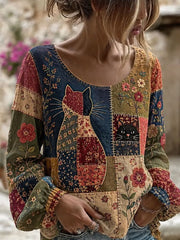 Women's Cat Floral Art Cotton-Linen Shirt