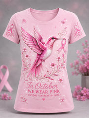 Women's Pink Floral & Hummingbird Print Breast Cancer Awareness Support Tee