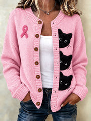 Women's Breast Cancer Black Cat Cardigan-Style Knit Jacket