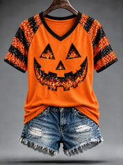 Women's Halloween pumpkin face striped printed V-neck off-shoulder short-sleeved T-shirt