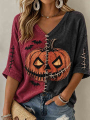 Women's Halloween Evil Pumpkin Mid-length Sleeves V-Neck T-Shirt