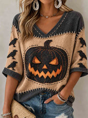 Women's Halloween Pumpkin Art Mid-length Sleeves V-Neck T-Shirt
