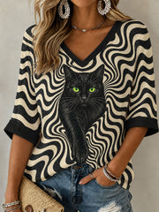 Women's Black Cat Mid-length Sleeves V-Neck T-Shirt