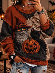 Women's Halloween Cat Pumpkin Skull Crew Neck Sweater